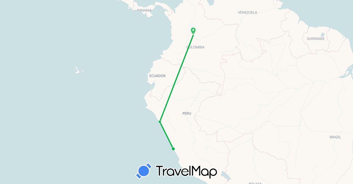 TravelMap itinerary: driving, bus in Colombia, Peru (South America)